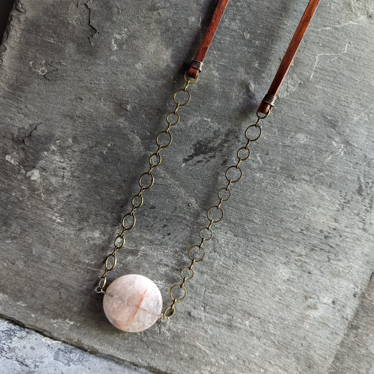 Rose Quartz and Leather Pendant Necklace