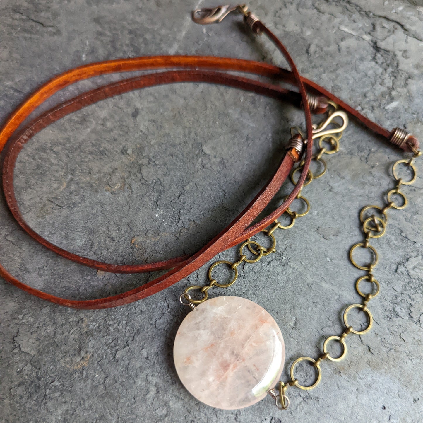 Rose Quartz and Leather Pendant Necklace