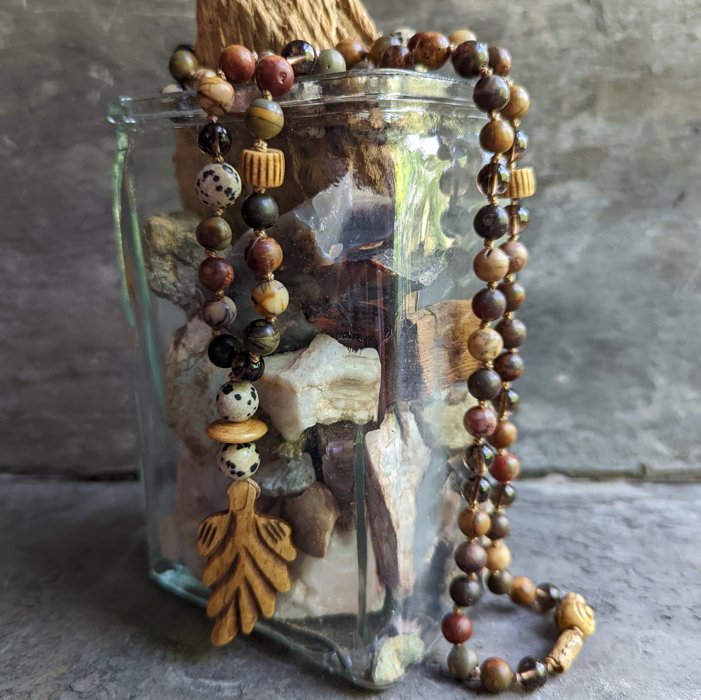 Red Cherry Creek Jasper Necklace with Smokey Quartz and Dalmatian Jasper Accents