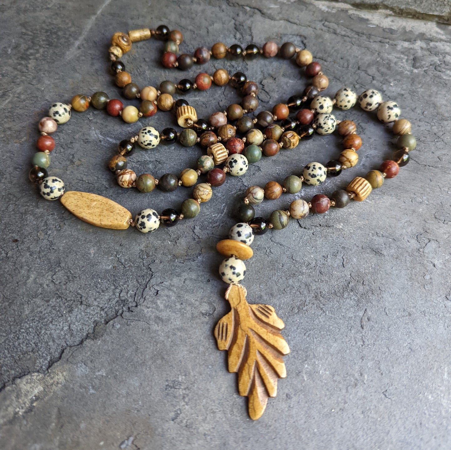 Red Cherry Creek Jasper Necklace with Smokey Quartz and Dalmatian Jasper Accents