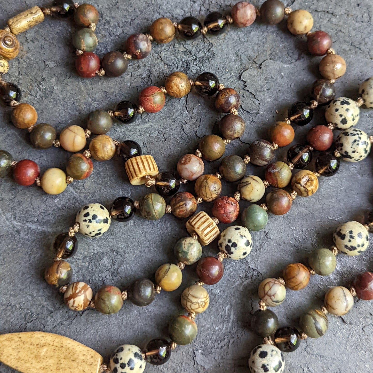 Red Cherry Creek Jasper Necklace with Smokey Quartz and Dalmatian Jasper Accents