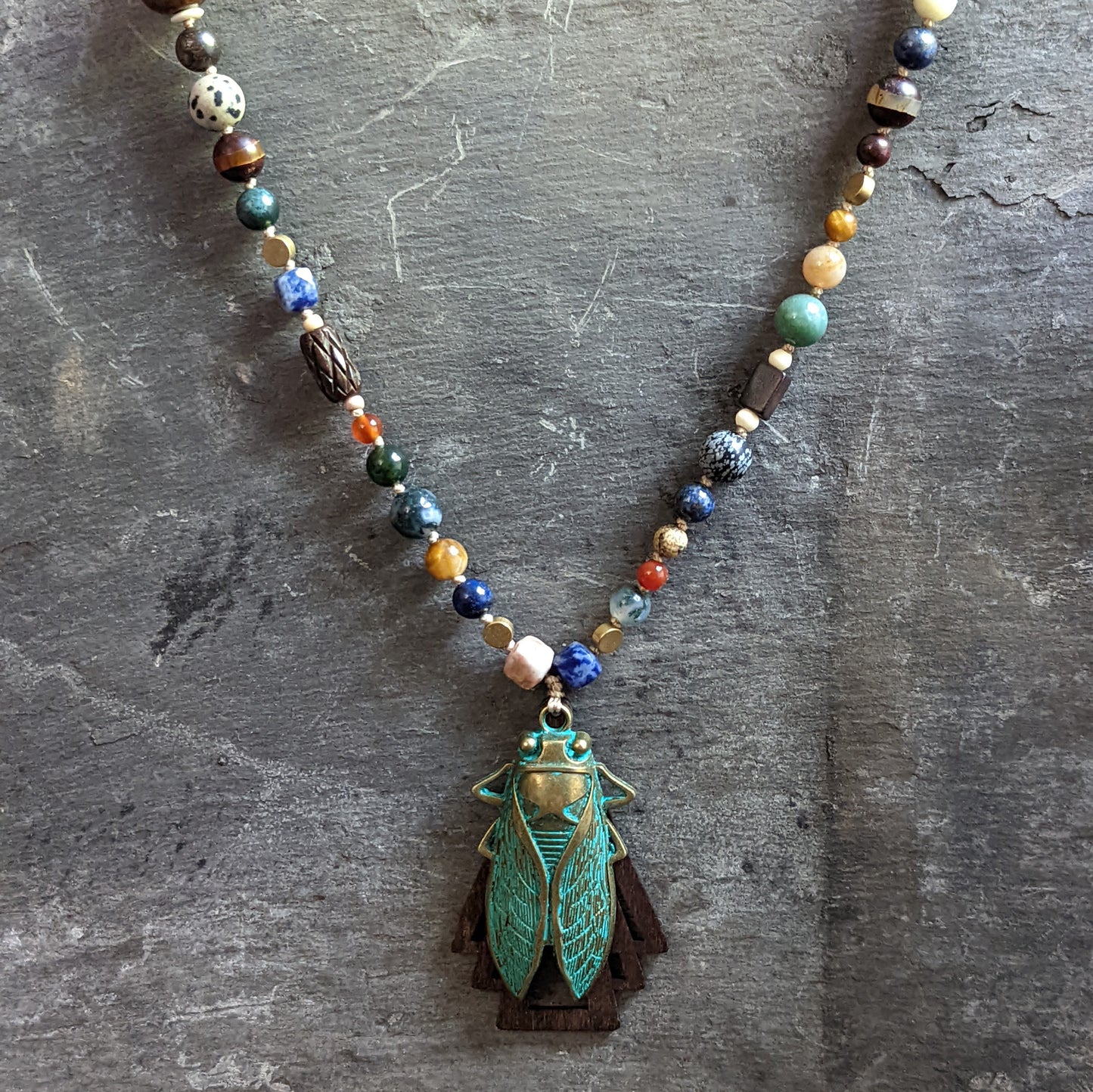 Multi-stone Brass Cicada Pendant Necklace