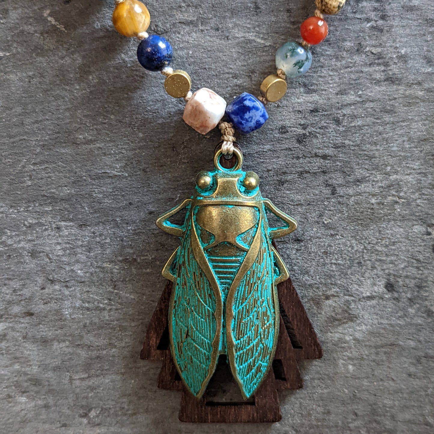 Multi-stone Brass Cicada Pendant Necklace