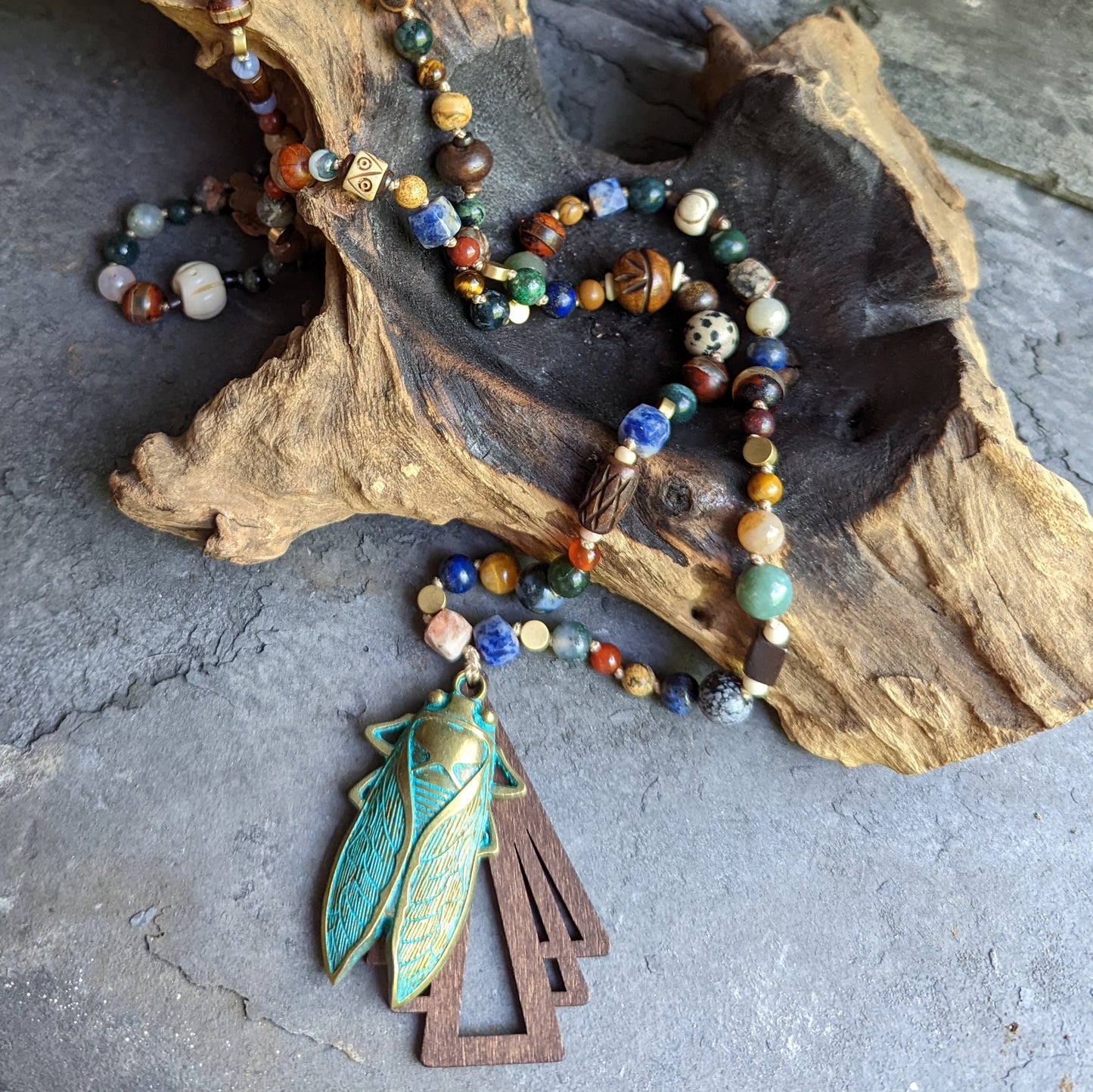 Multi-stone Brass Cicada Pendant Necklace