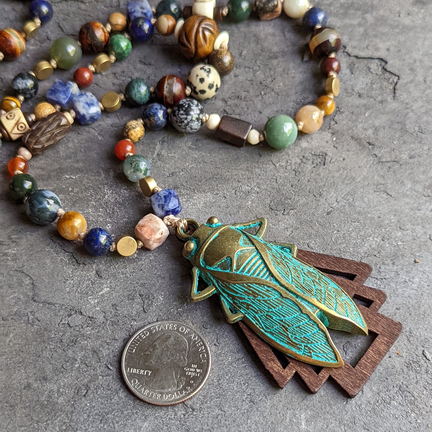 Multi-stone Brass Cicada Pendant Necklace