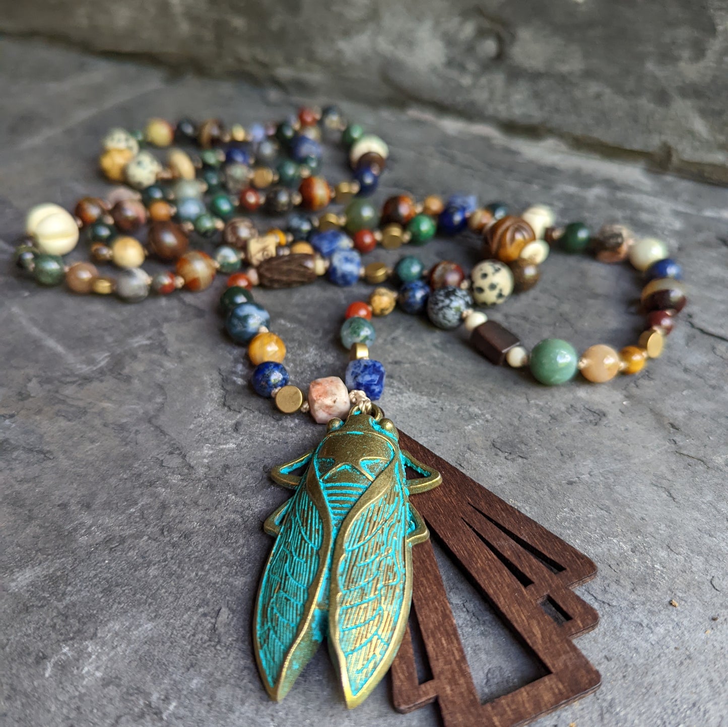 Multi-stone Brass Cicada Pendant Necklace