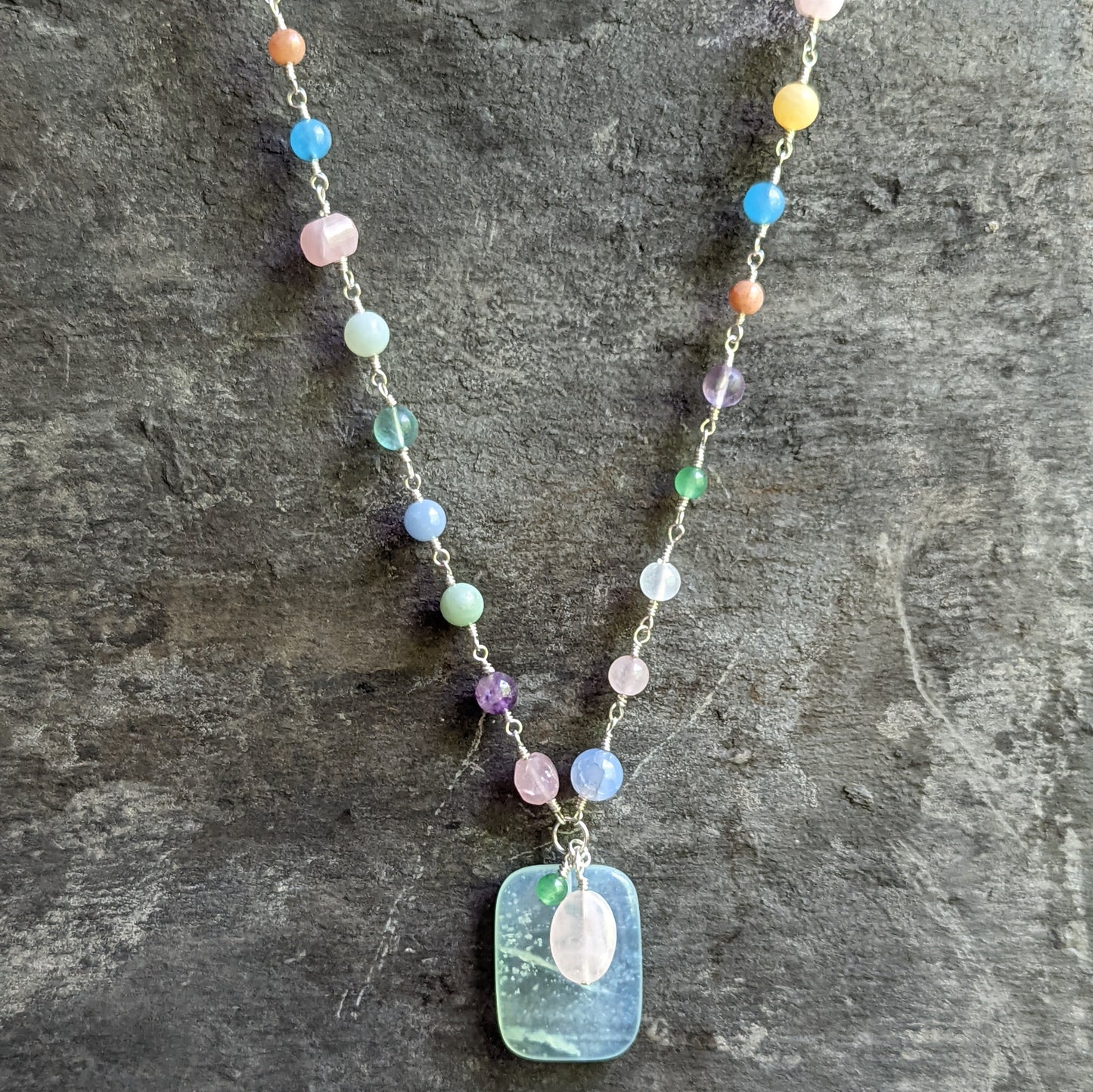 Silver and Pastel Stone Necklace with Green Fluorite Pendant