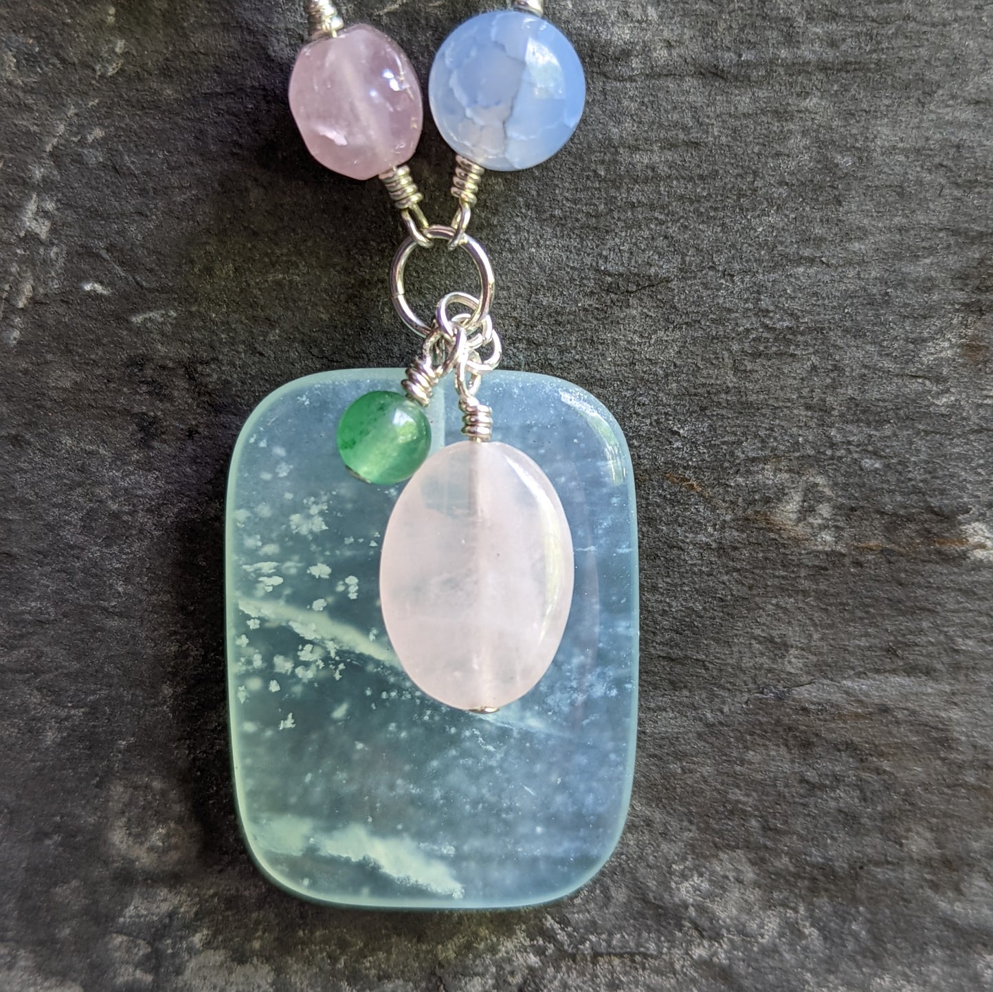 Silver and Pastel Stone Necklace with Green Fluorite Pendant
