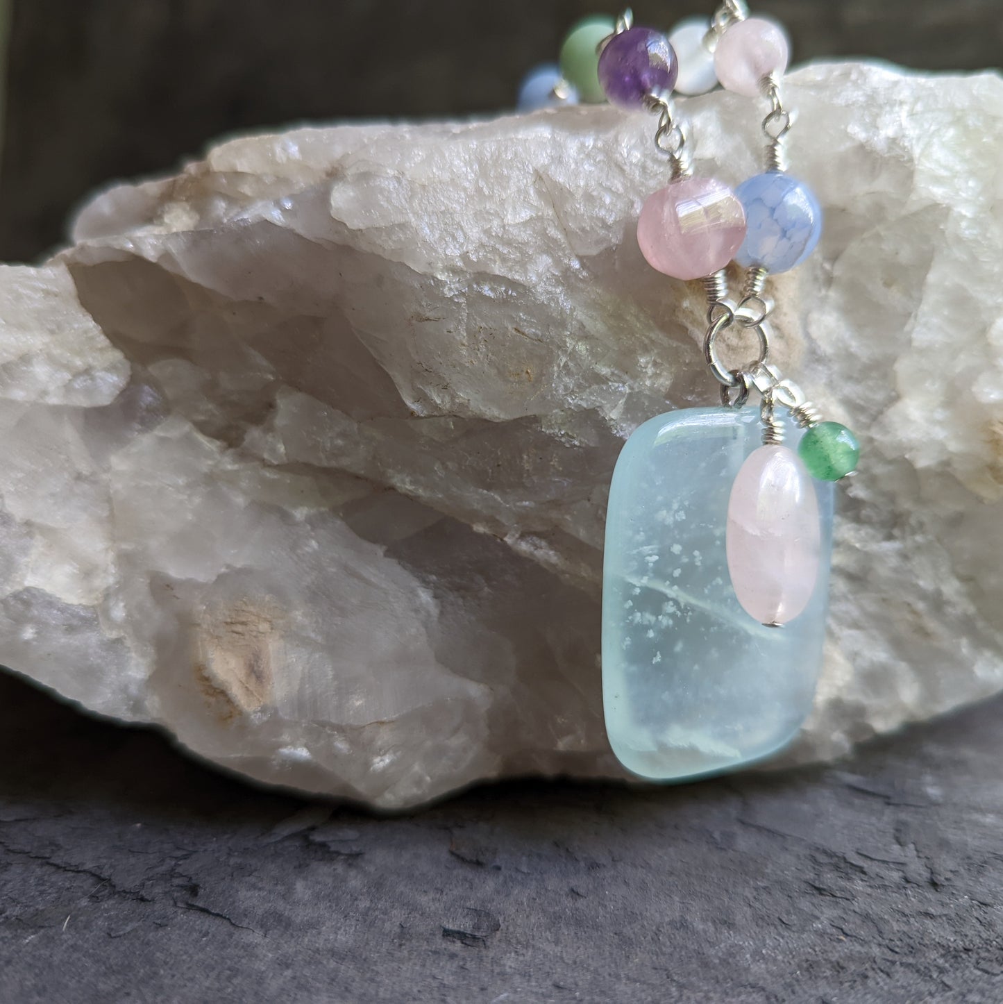 Silver and Pastel Stone Necklace with Green Fluorite Pendant
