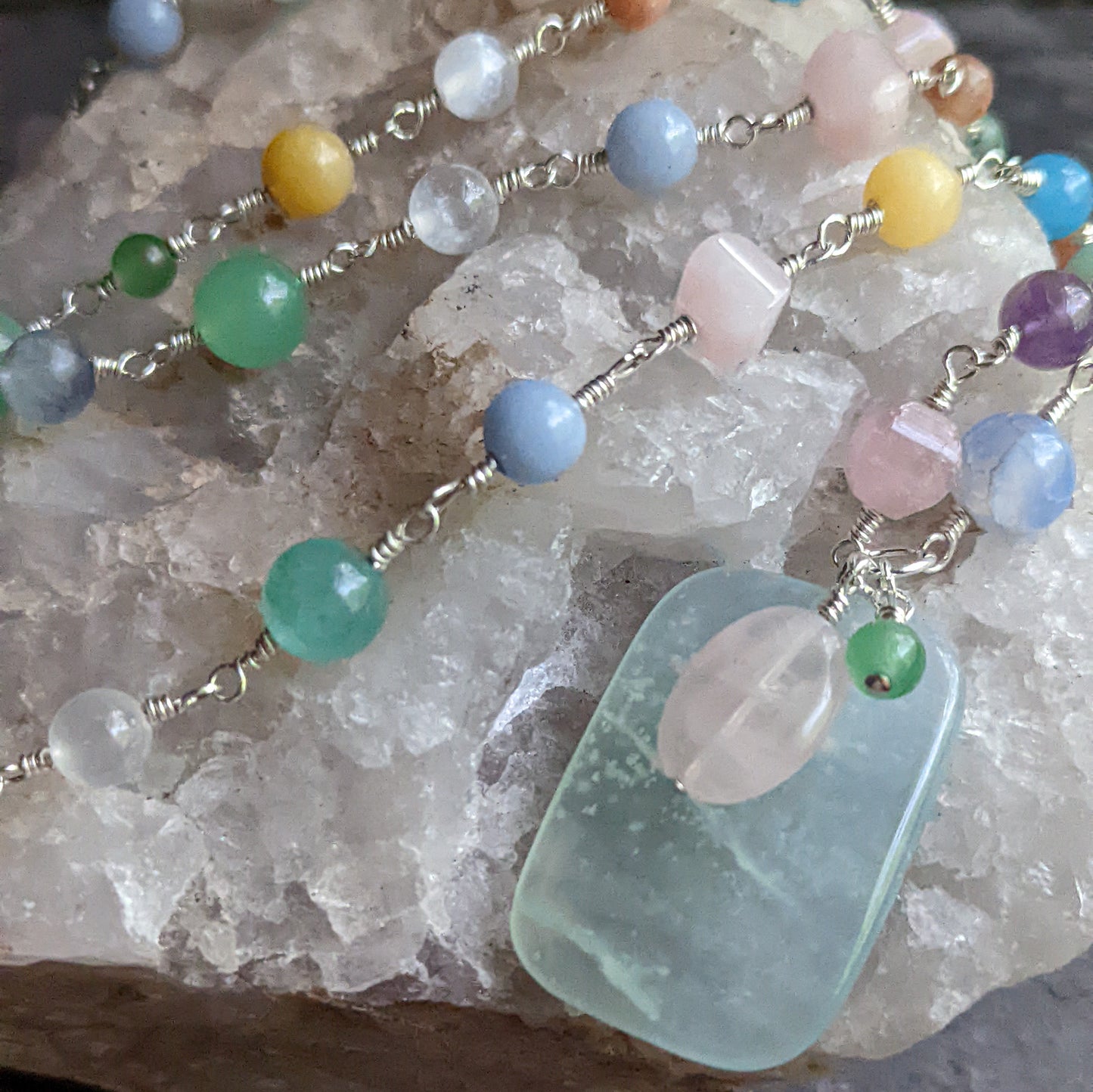 Silver and Pastel Stone Necklace with Green Fluorite Pendant