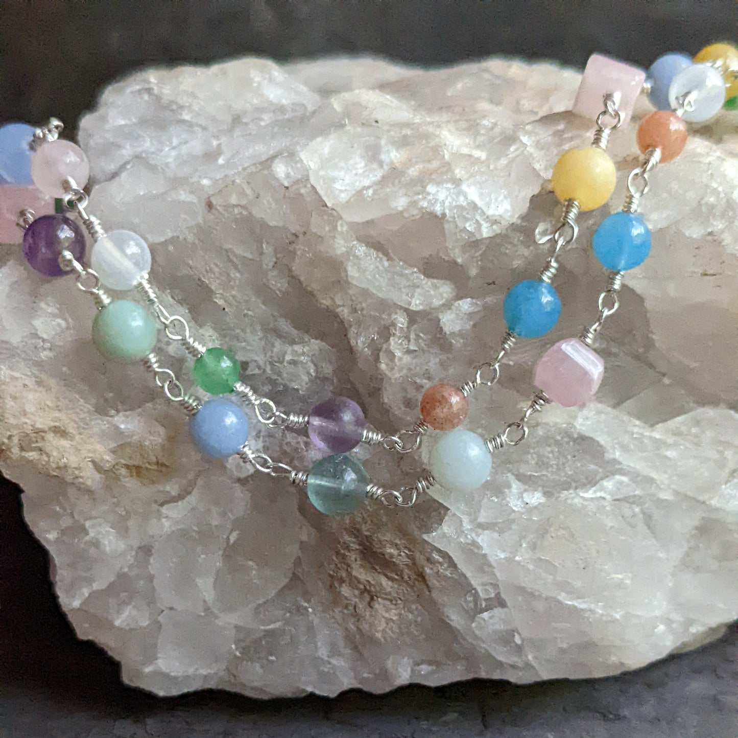 Silver and Pastel Stone Necklace with Green Fluorite Pendant