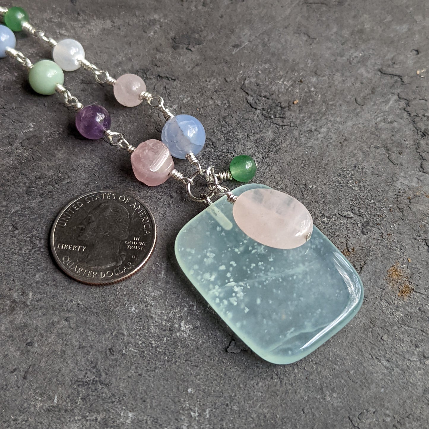 Silver and Pastel Stone Necklace with Green Fluorite Pendant