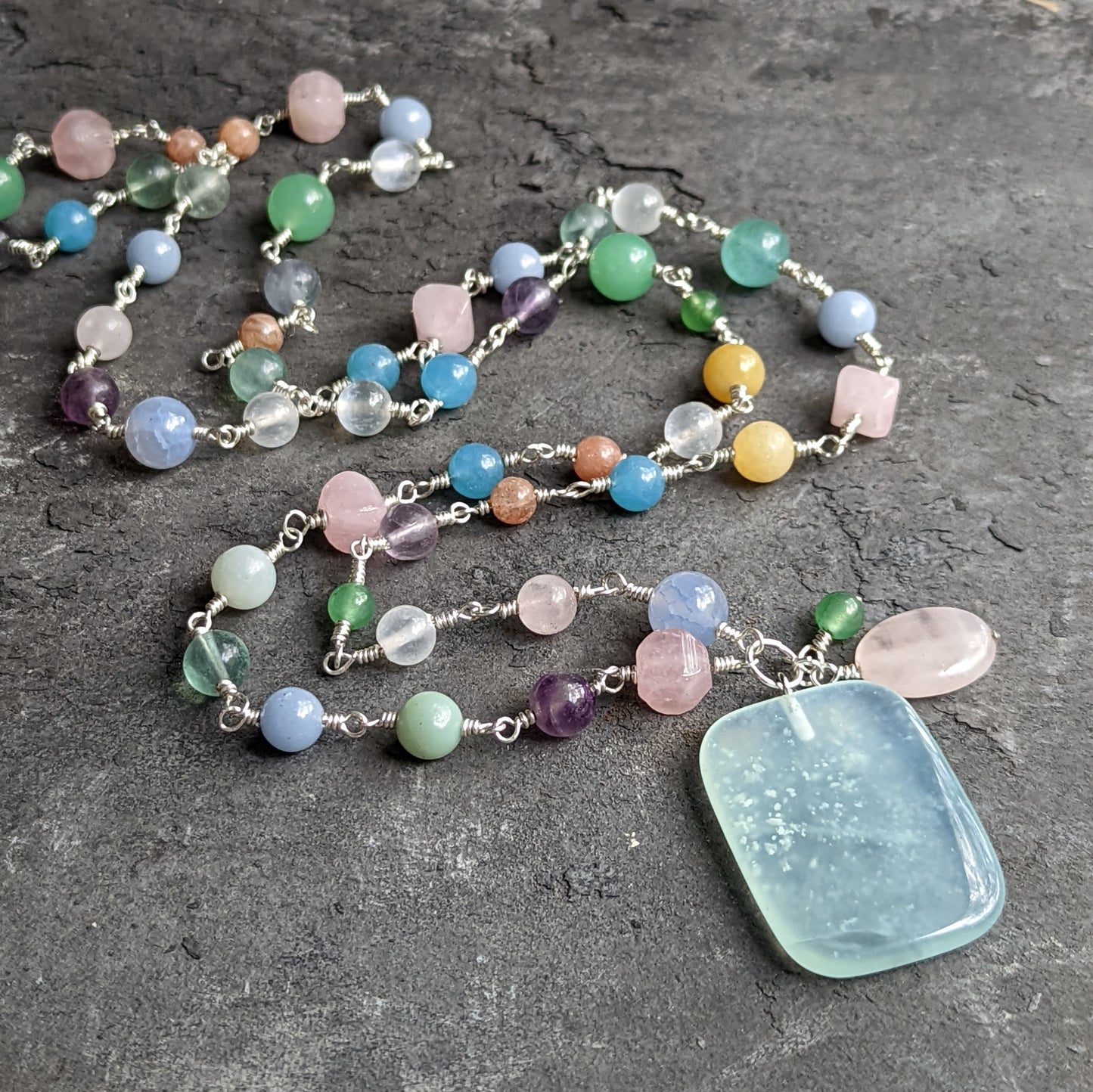 Silver and Pastel Stone Necklace with Green Fluorite Pendant