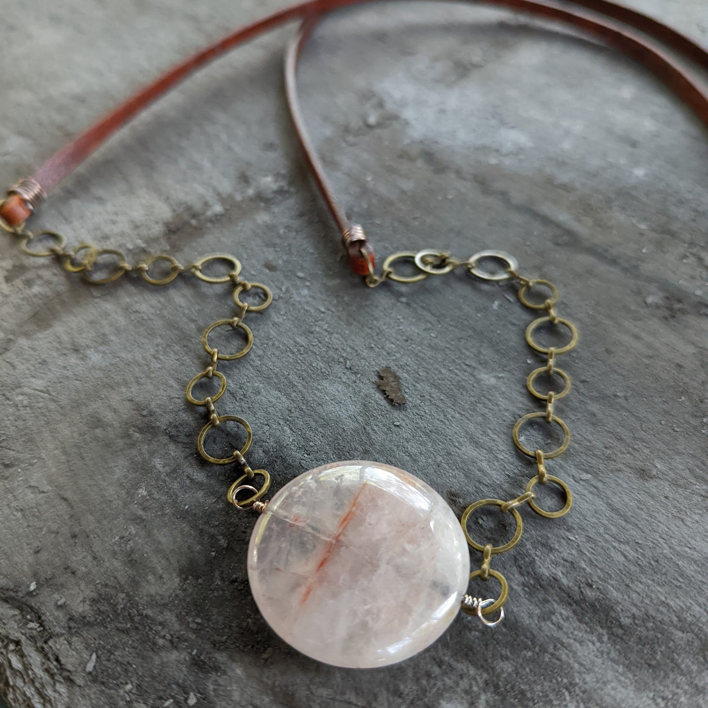 Rose Quartz and Leather Pendant Necklace